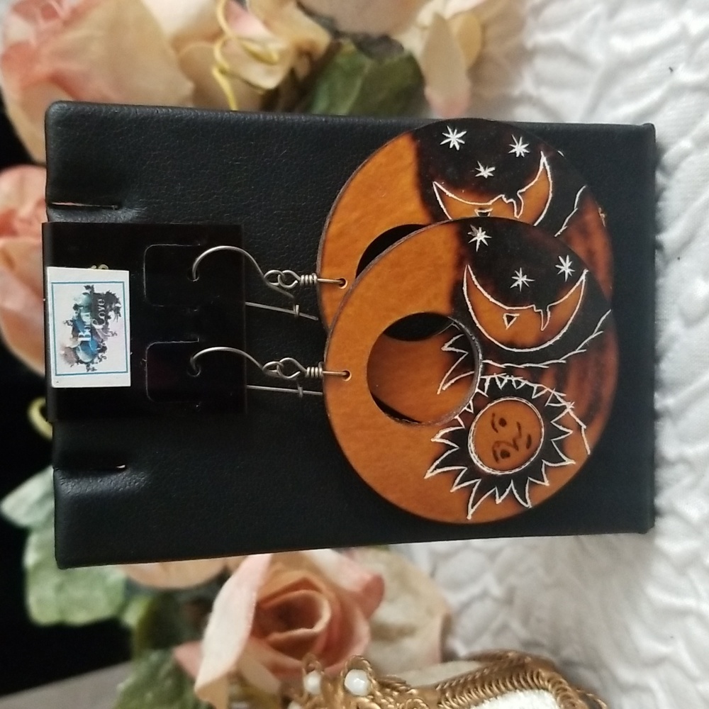 Vintage Coconut Hand Etched Sun & Moon Hoop Earrings